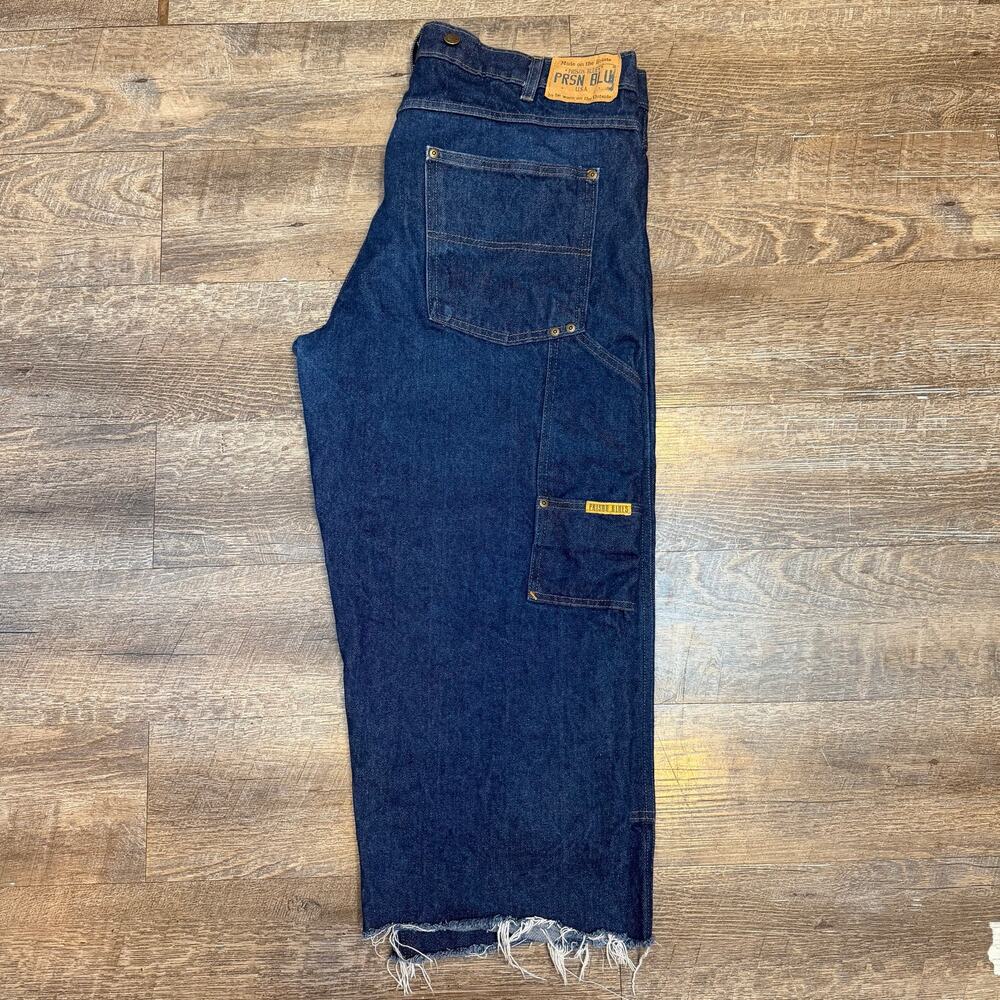 Prison Blues Double Knee Work Jeans Raw Cut Short Suspender Buttons 42 Made USA